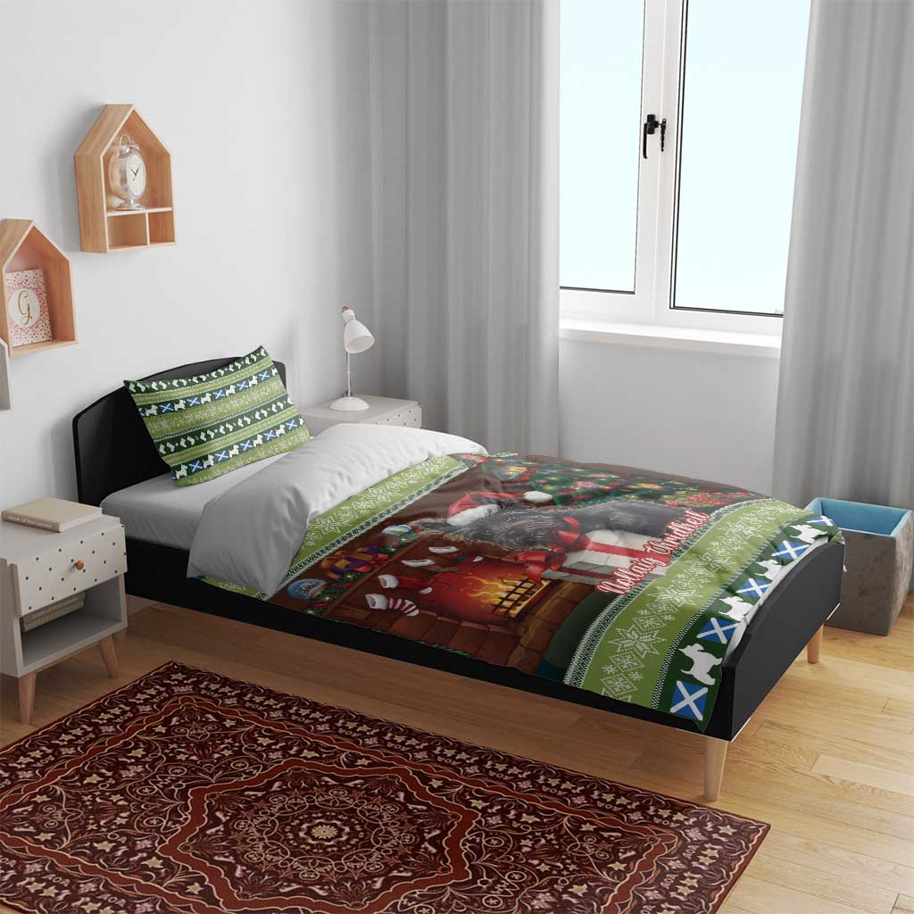 Christmas bedding set on single bed with green borders and terrier-themed duvet