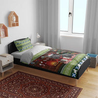 Christmas bedding set on single bed with green borders and terrier-themed duvet