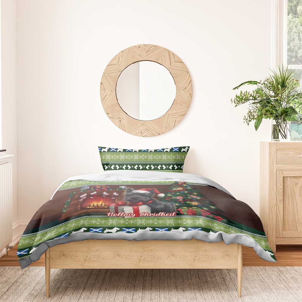 Christmas bedding set on bed with terrier artwork duvet, green festive trim and pillow