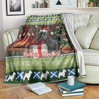 Green Christmas throw blanket with Scottish terrier, tree, gifts, candy cane and pattern border.