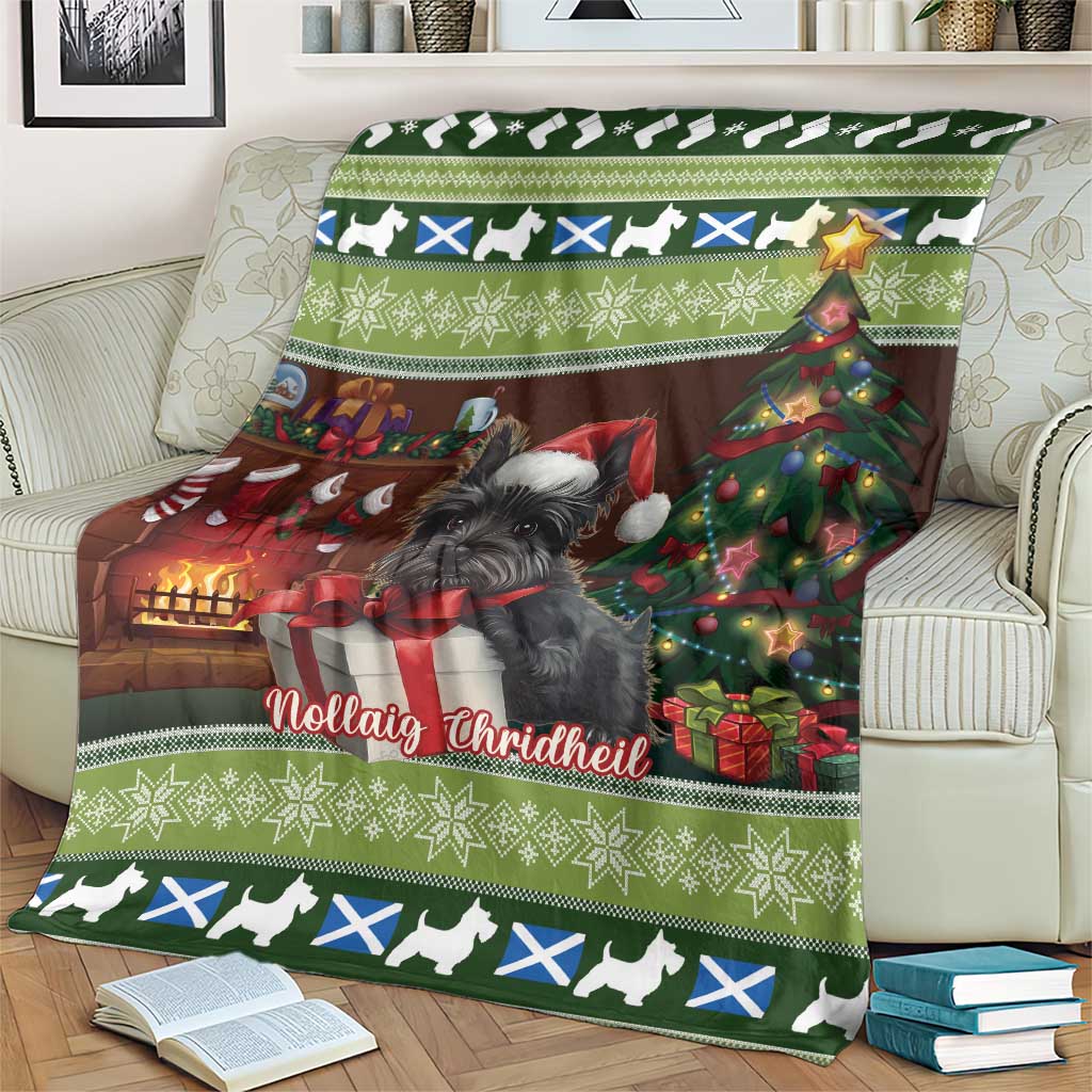 Green Christmas blanket with Scottish terrier, decorated tree, stars, gifts and snowflake stripes.