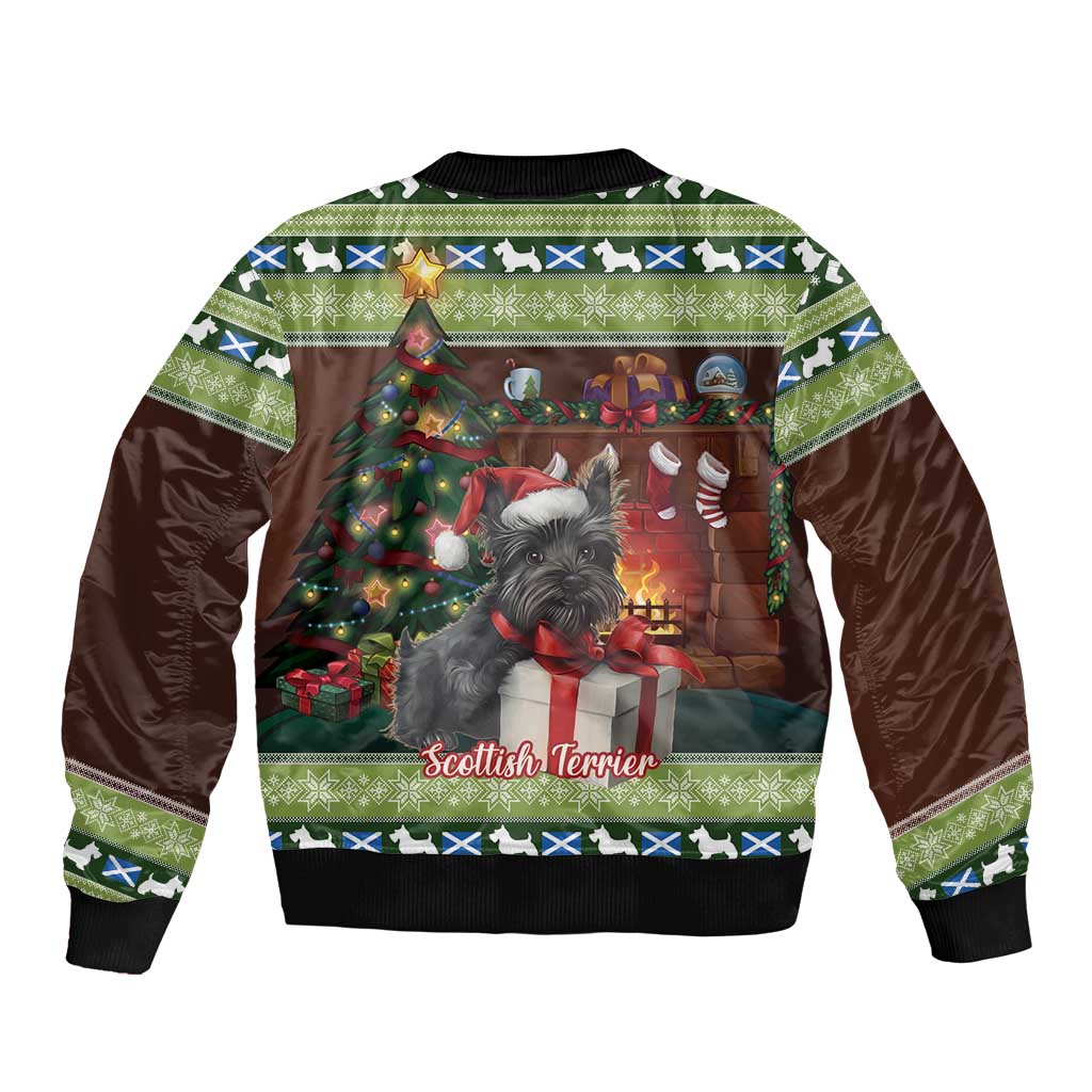 Brown bomber jacket with green trim and Scottish terrier Christmas graphic, ribbed cuffs