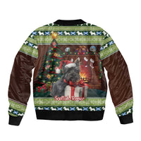 Brown bomber jacket with green trim and Scottish terrier Christmas graphic, ribbed cuffs