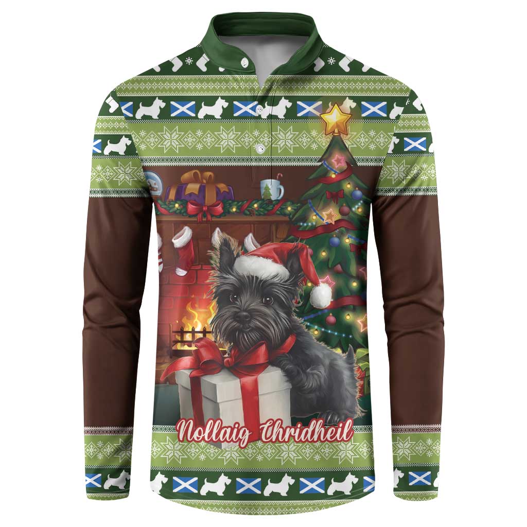 Green button sweatshirt with festive Scottish terrier graphic and holiday lights