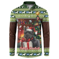 Green button sweatshirt with festive Scottish terrier graphic and holiday lights