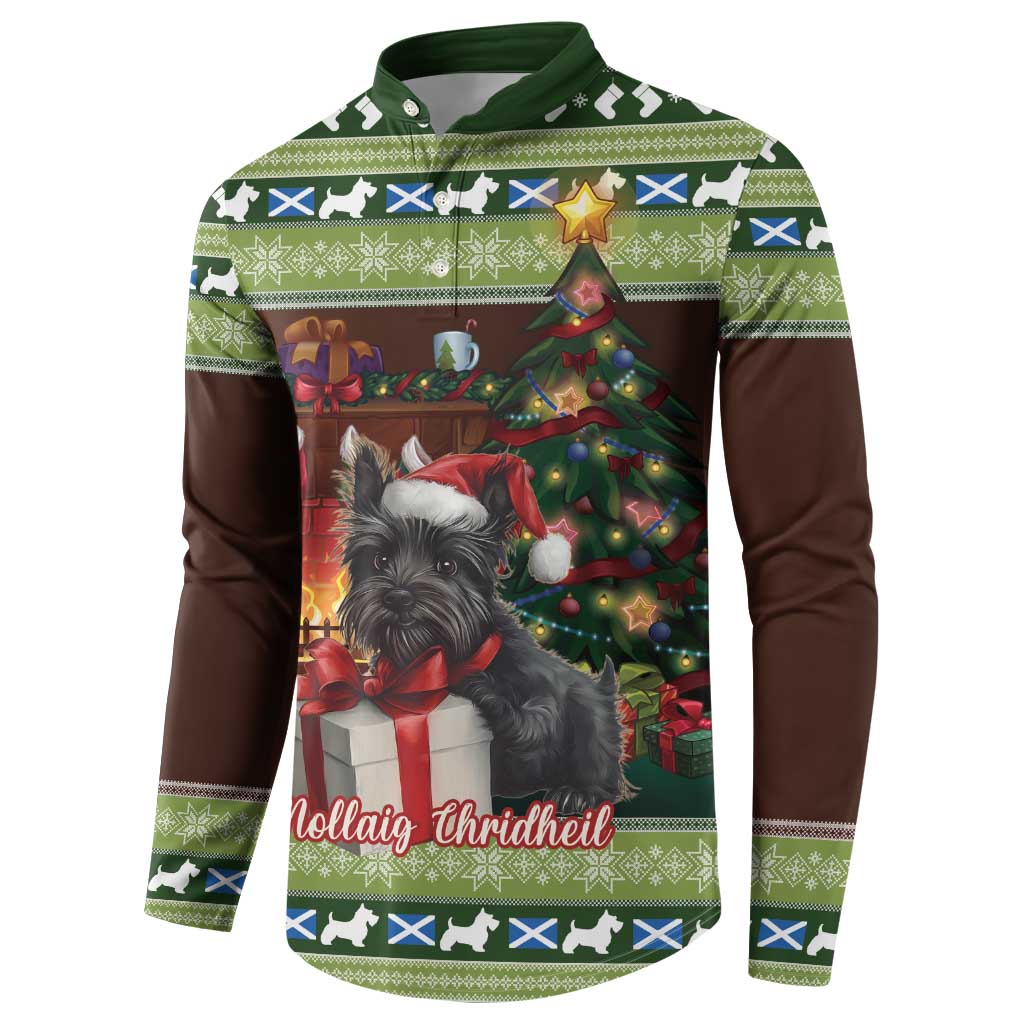 Green button sweatshirt with terrier holding red bow, Christmas lights graphic