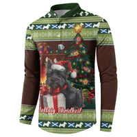 Green button sweatshirt with terrier holding red bow, Christmas lights graphic