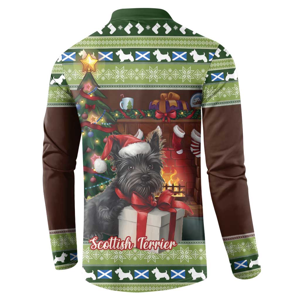 Green button sweatshirt, back view with terrier and Christmas tree graphic