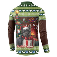 Green button sweatshirt, back view with terrier and Christmas tree graphic