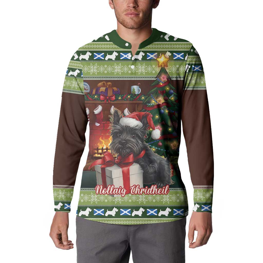 Green button sweatshirt on model, front view with terrier and holiday gifts graphic