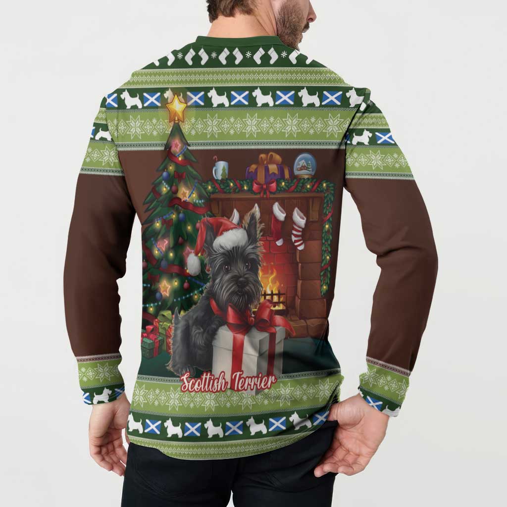 Green button sweatshirt, back view with terrier at fireplace and Christmas tree
