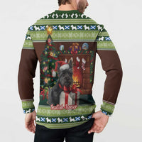 Green button sweatshirt, back view with terrier at fireplace and Christmas tree