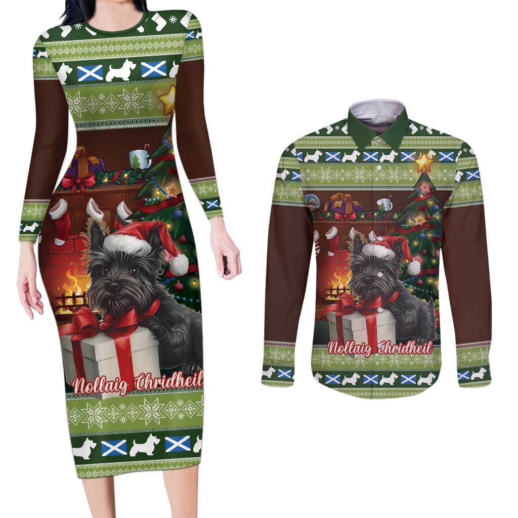 Scotland Christmas Couples Matching Long Sleeve Bodycon Dress and Long Sleeve Button Shirt Scottish Terrier - Nollaig Chridheil - Wonder Print Shop