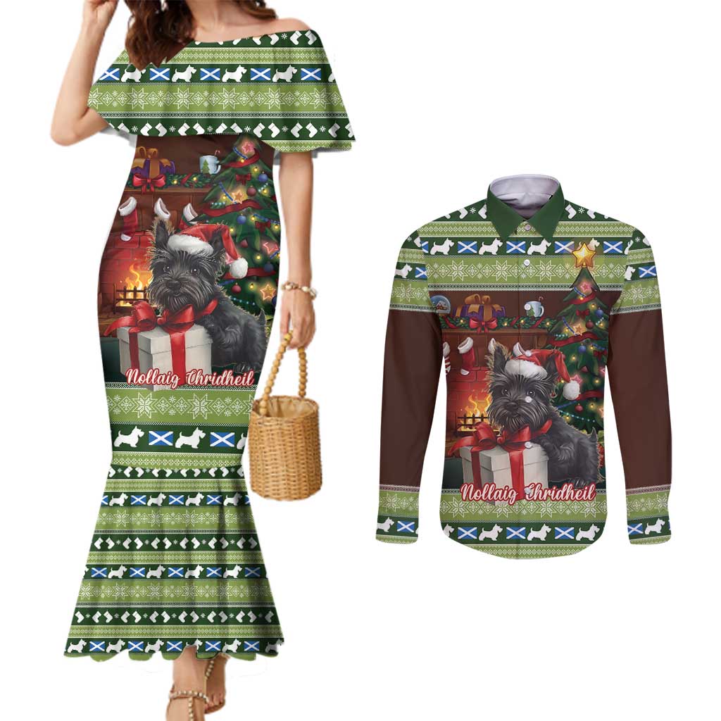 Scotland Christmas Couples Matching Mermaid Dress and Long Sleeve Button Shirt Scottish Terrier - Nollaig Chridheil