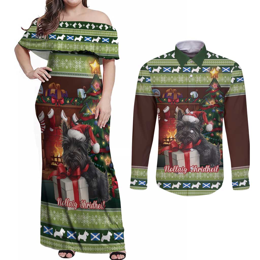 Scotland Christmas Couples Matching Off Shoulder Maxi Dress and Long Sleeve Button Shirt Scottish Terrier - Nollaig Chridheil - Wonder Print Shop