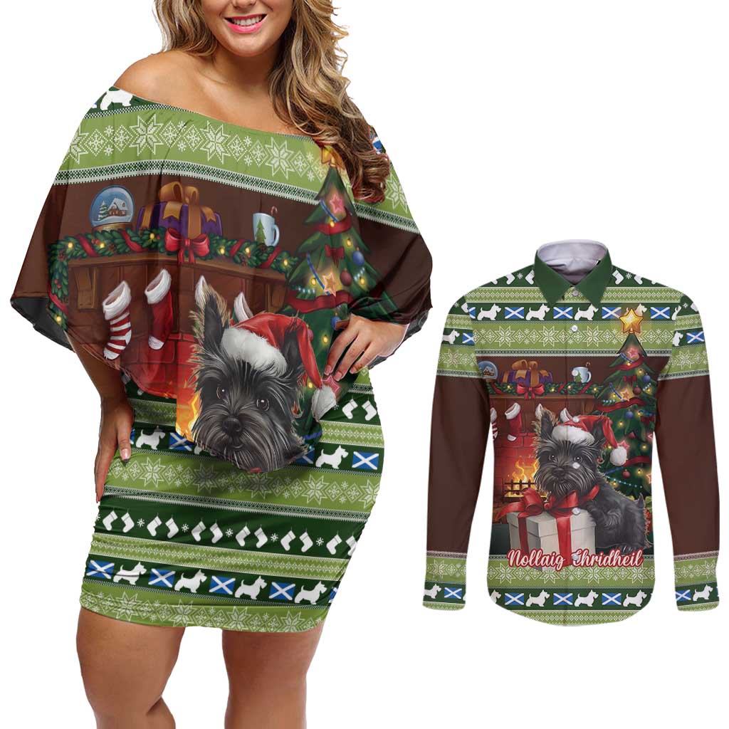 Scotland Christmas Couples Matching Off Shoulder Short Dress and Long Sleeve Button Shirt Scottish Terrier - Nollaig Chridheil - Wonder Print Shop