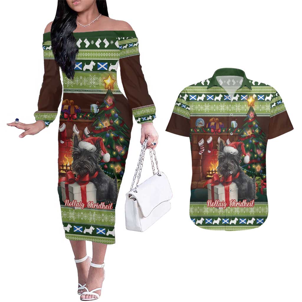 Scotland Christmas Couples Matching Off The Shoulder Long Sleeve Dress and Hawaiian Shirt Scottish Terrier - Nollaig Chridheil - Wonder Print Shop