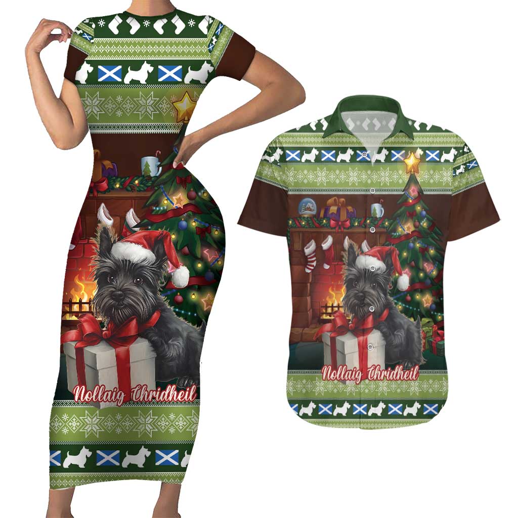 Scotland Christmas Couples Matching Short Sleeve Bodycon Dress and Hawaiian Shirt Scottish Terrier - Nollaig Chridheil - Wonder Print Shop