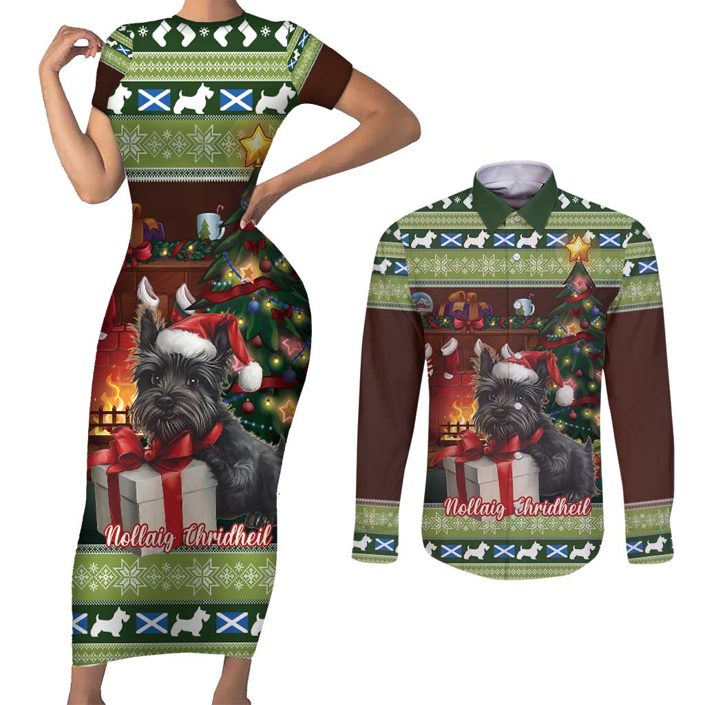 Scotland Christmas Couples Matching Short Sleeve Bodycon Dress and Long Sleeve Button Shirt Scottish Terrier - Nollaig Chridheil - Wonder Print Shop