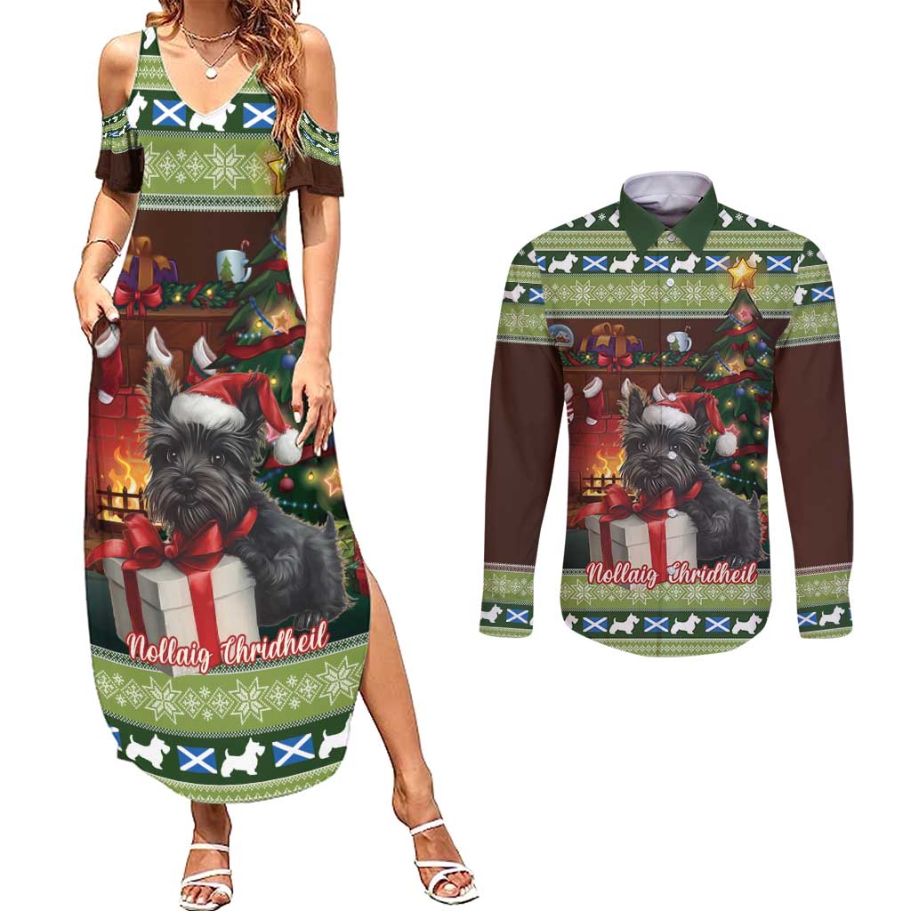 Scotland Christmas Couples Matching Summer Maxi Dress and Long Sleeve Button Shirt Scottish Terrier - Nollaig Chridheil - Wonder Print Shop