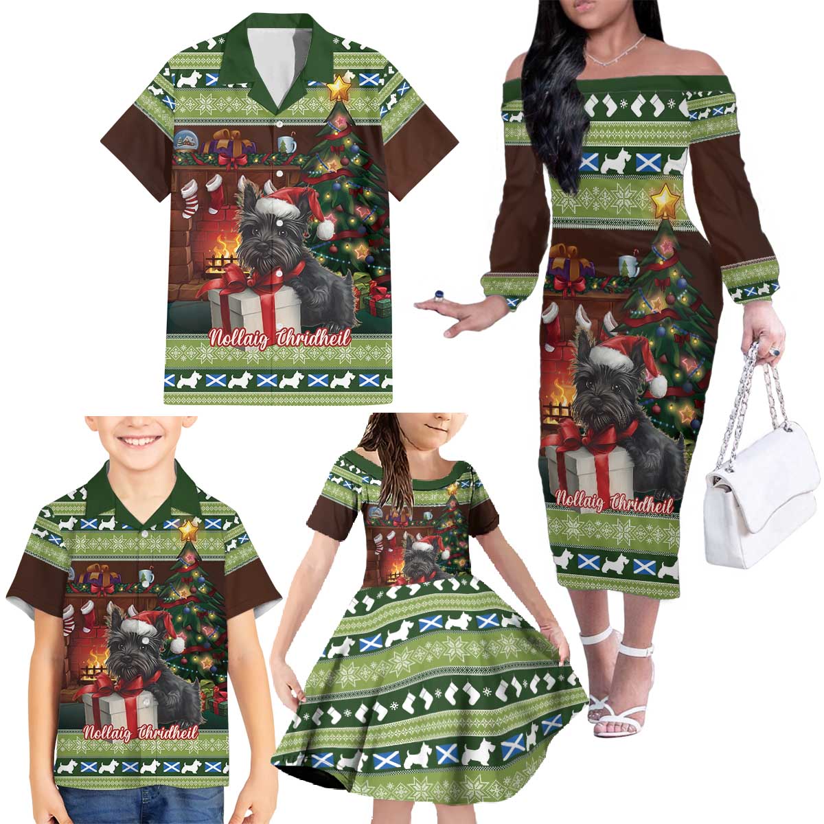 Scotland Christmas Family Matching Off The Shoulder Long Sleeve Dress and Hawaiian Shirt Scottish Terrier - Nollaig Chridheil - Wonder Print Shop