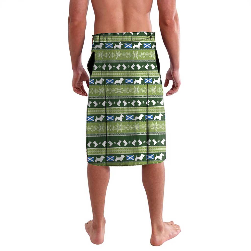 Christmas lavalava back panel, green festive patterns with blue trim and icons