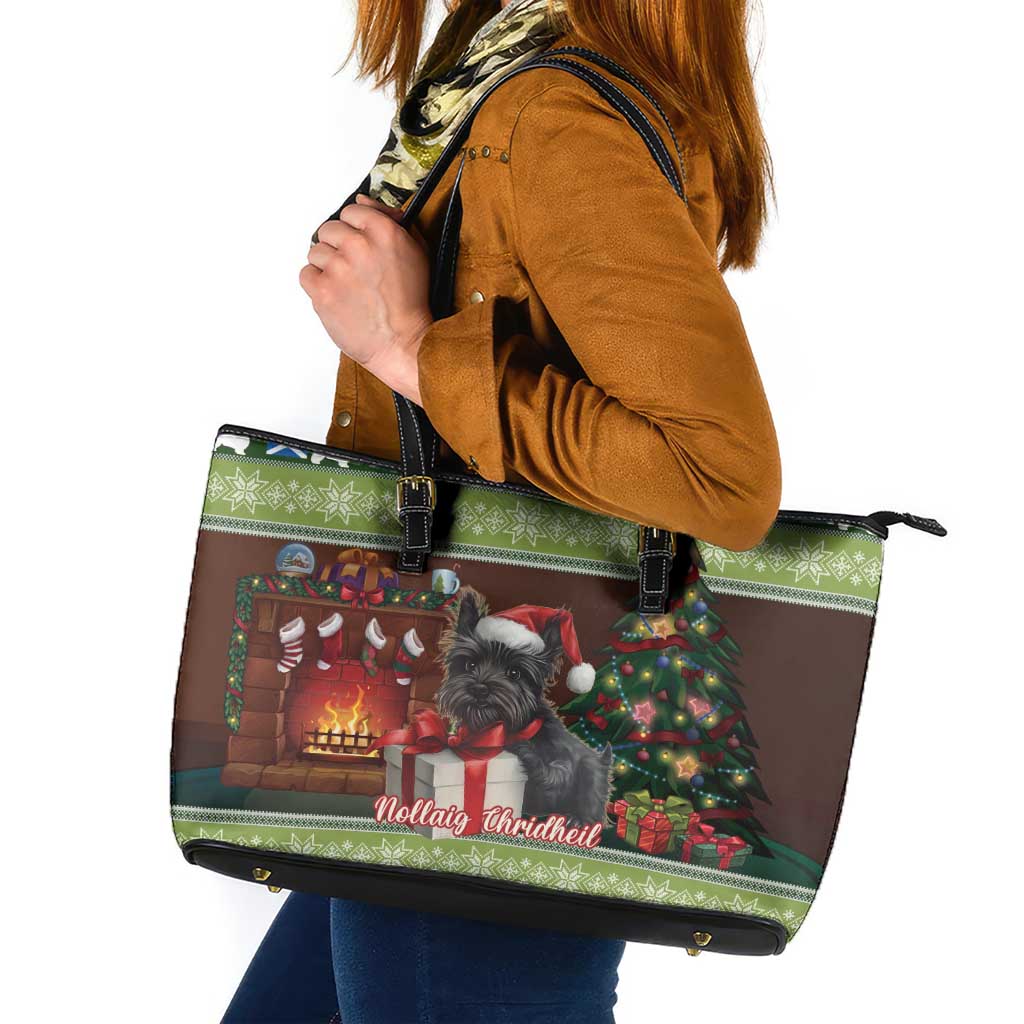 Scotland Christmas Leather Tote Bag Scottish Terrier - Nollaig Chridheil - Wonder Print Shop