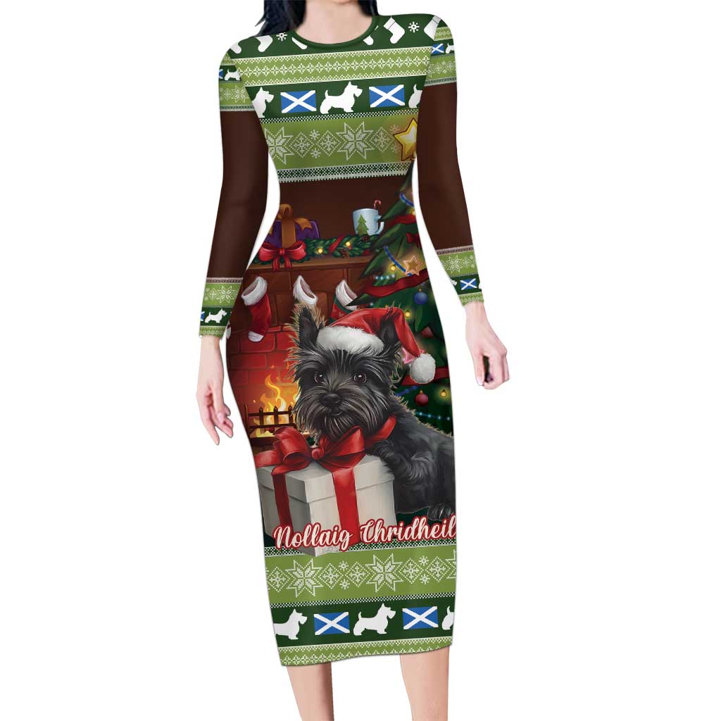 Scotland Christmas Long Sleeve Bodycon Dress Scottish Terrier - Nollaig Chridheil - Wonder Print Shop