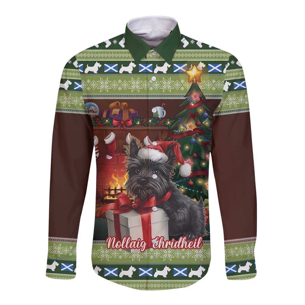 Scotland Christmas Long Sleeve Button Shirt Scottish Terrier - Nollaig Chridheil - Wonder Print Shop