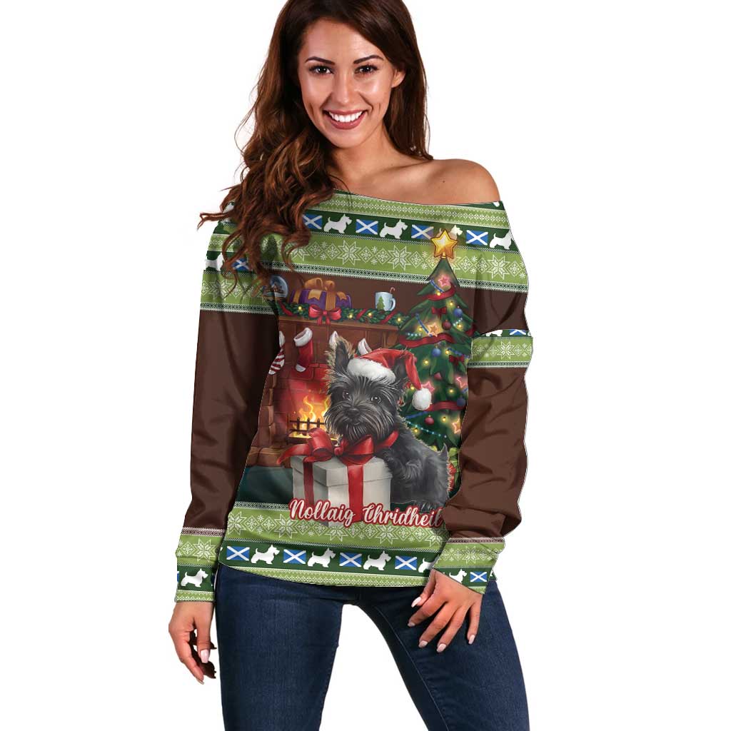 Scotland Christmas Off Shoulder Sweater Scottish Terrier - Nollaig Chridheil - Wonder Print Shop