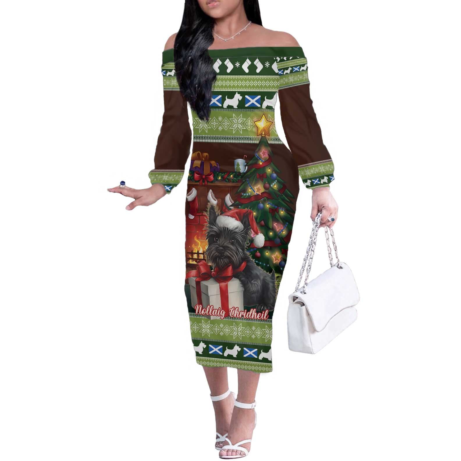 Scotland Christmas Off The Shoulder Long Sleeve Dress Scottish Terrier - Nollaig Chridheil - Wonder Print Shop