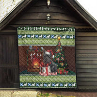 Christmas quilt featuring Scottish terrier near a Christmas tree, green border on dark brown backing