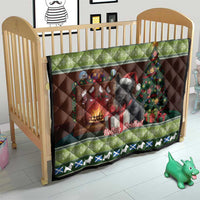 Christmas quilt for crib with Scottish terrier scene, green patterned border on dark brown backing