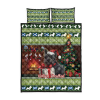 Christmas quilt bed set, terrier dog in red hat, festive border with trees, toys