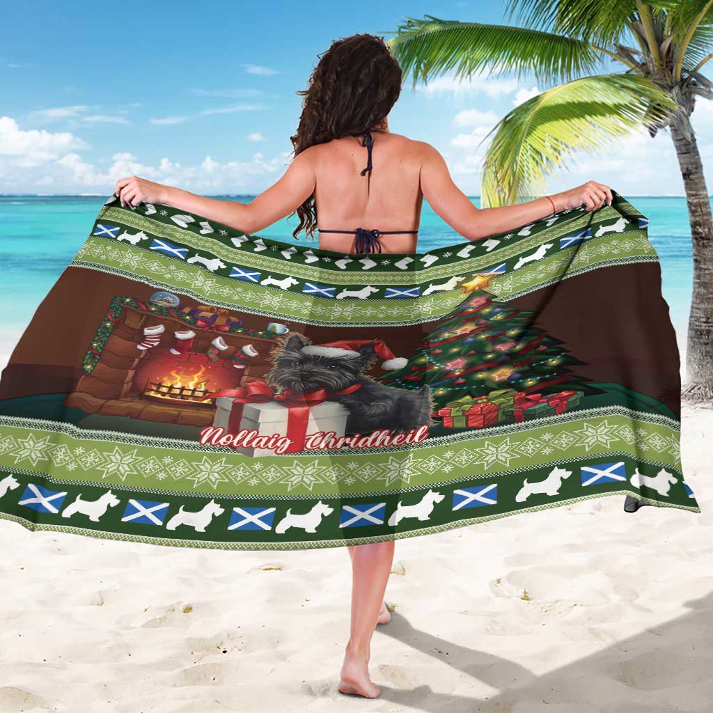 Christmas sarong wrap, back view with terrier and decorated Christmas tree scene in green