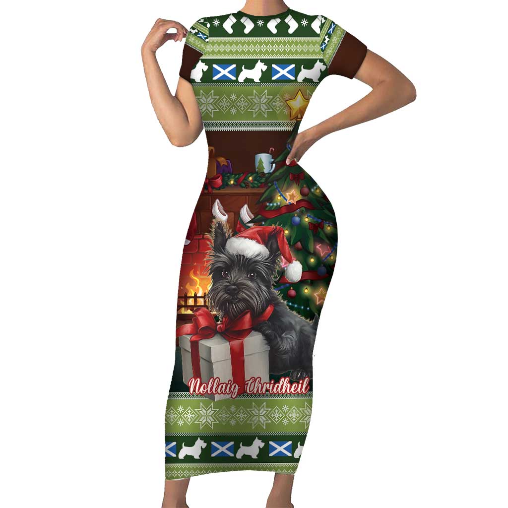 Scotland Christmas Short Sleeve Bodycon Dress Scottish Terrier - Nollaig Chridheil