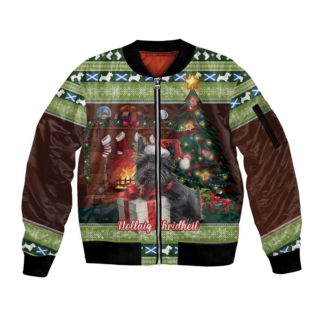 Scotland Christmas Sleeve Zip Bomber Jacket Scottish Terrier - Nollaig Chridheil