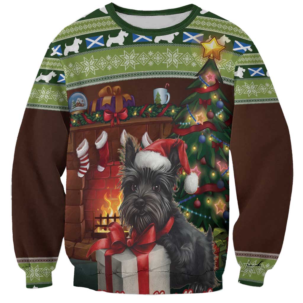 Unisex Christmas sweatshirt with Scottish terrier graphic, green snowflake yoke, brown sleeves
