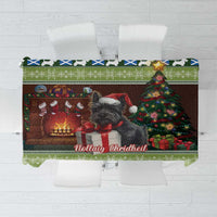 Christmas tablecloth with green and brown festive scene, Scottish terrier and ornaments