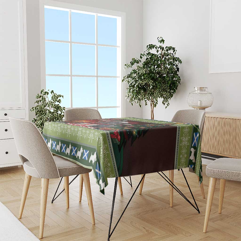 Christmas tablecloth with green, brown and blue border pattern, terrier silhouettes