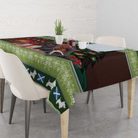 Festive tablecloth with green patterned runner style, terrier silhouettes and blue X motifs