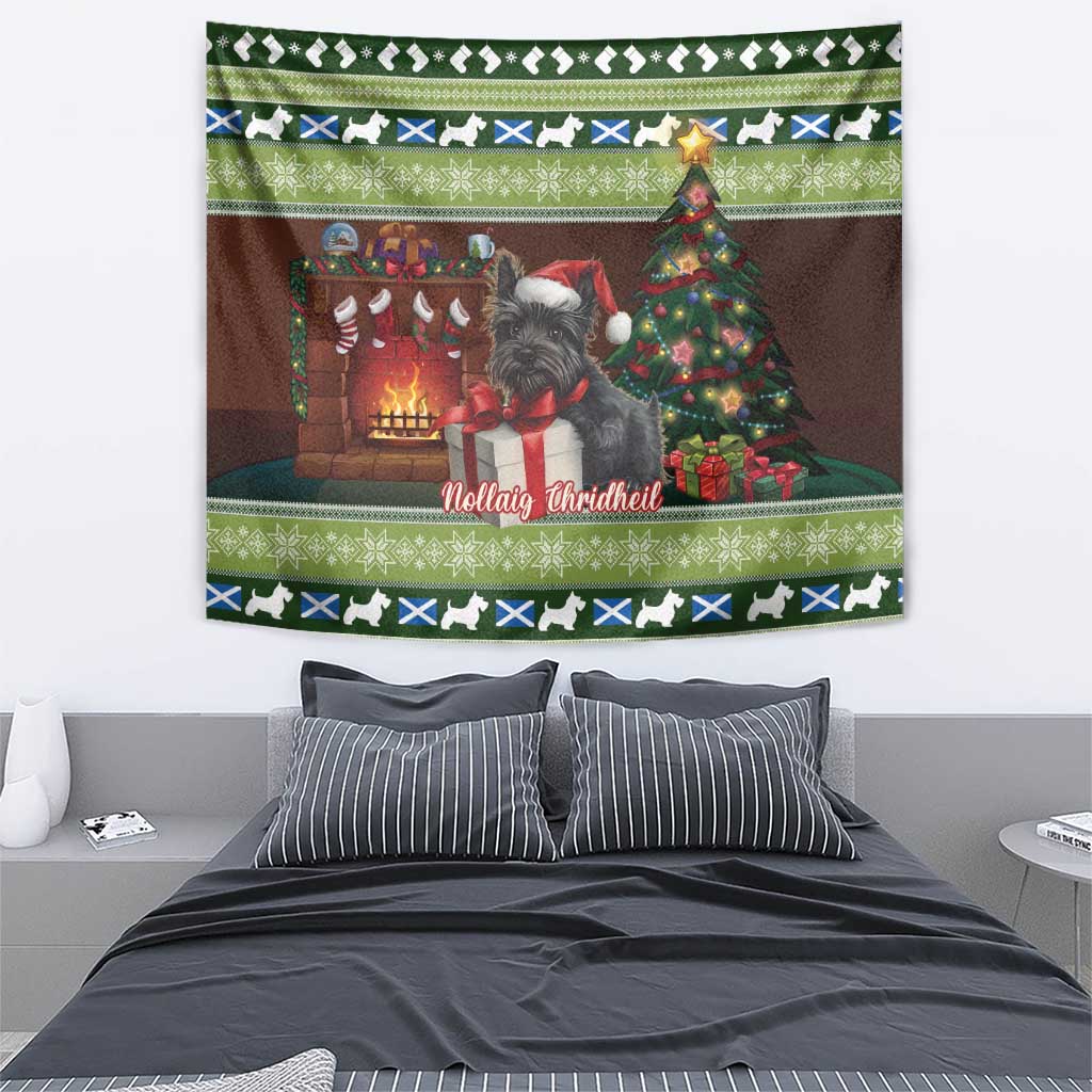 Wall-hung Christmas tapestry featuring gray Scottish terrier holding gift near tree and hearth