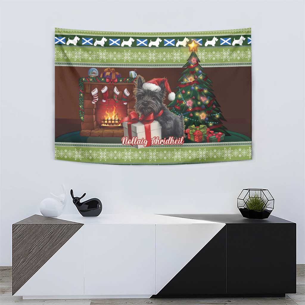 Framed Christmas tapestry with gray Scottish terrier, lit fireplace, decorated tree, green trim