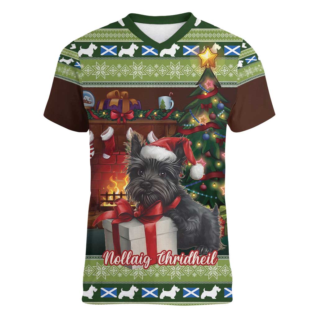 Scotland Christmas Women V-Neck T-Shirt Scottish Terrier - Nollaig Chridheil