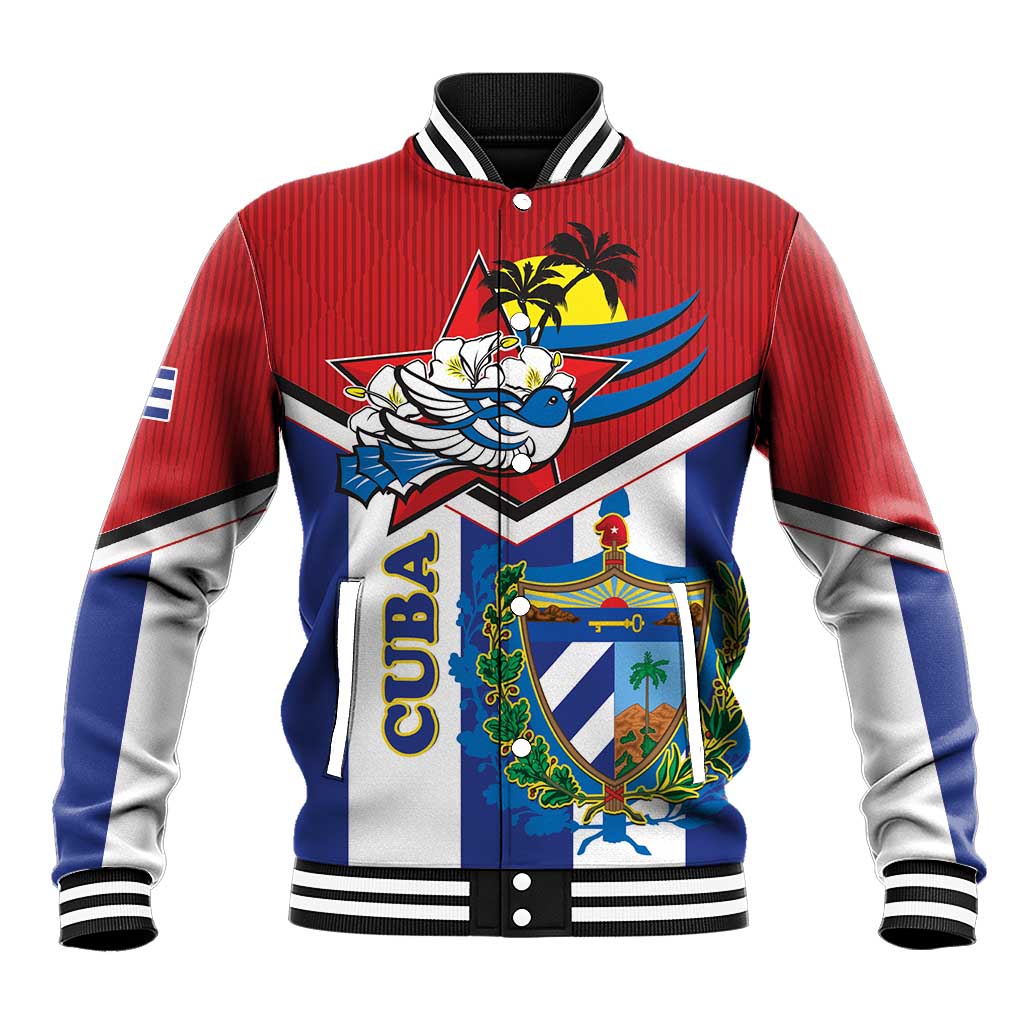 Unisex baseball jacket with red, blue, and white graphic front; striped ribbed trim