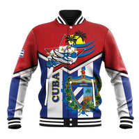 Unisex baseball jacket with red, blue, and white graphic front; striped ribbed trim