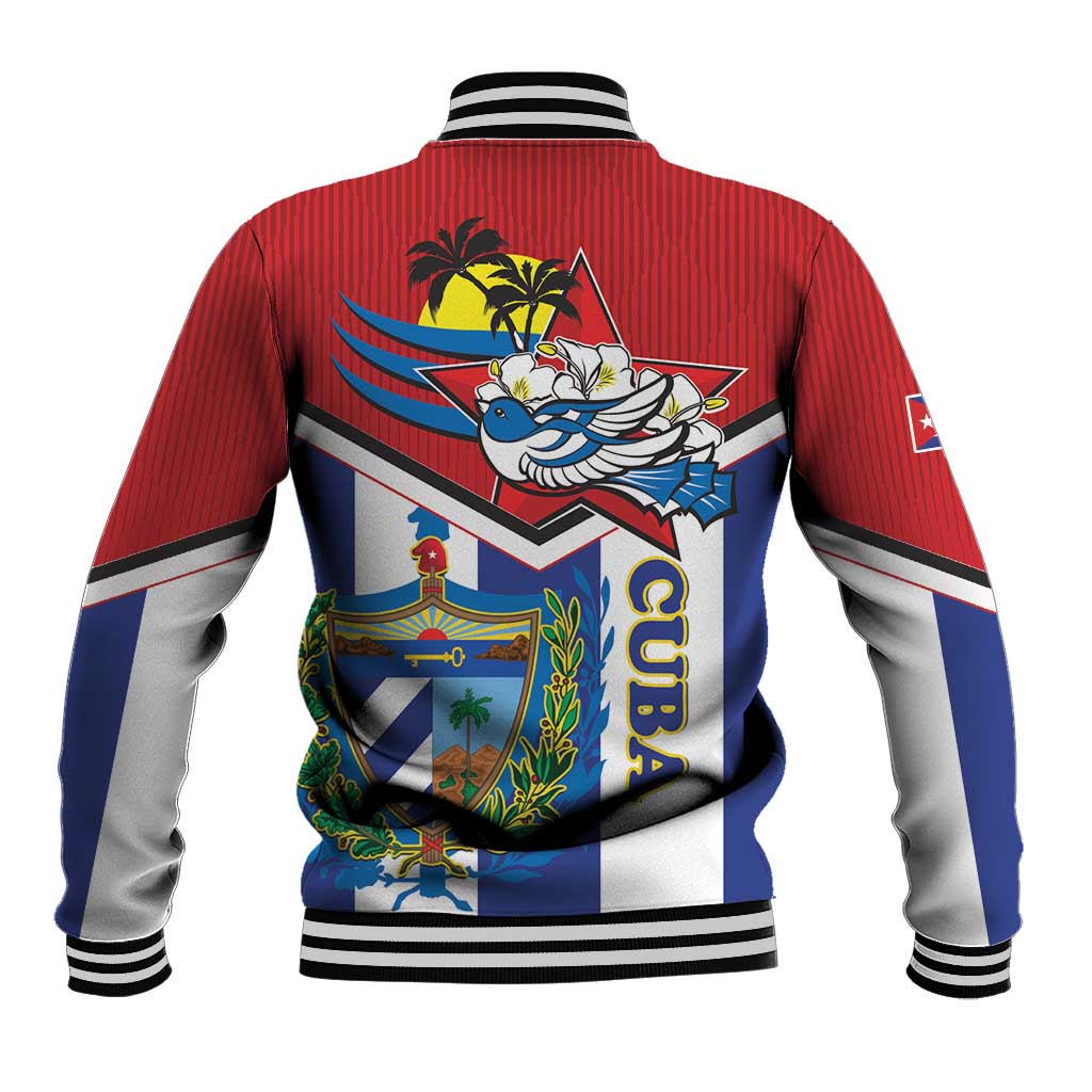 Unisex baseball jacket with back crest graphic; red body, blue stripes, ribbed cuffs