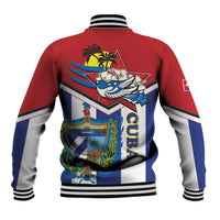 Unisex baseball jacket with back crest graphic; red body, blue stripes, ribbed cuffs
