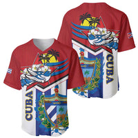 Red, white, and blue baseball jersey front and back views with Cuban crest graphics