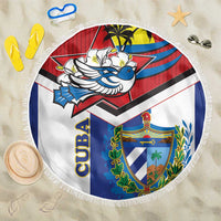 Round beach blanket with fringe edge, blue red white Cuba crest and bird graphic